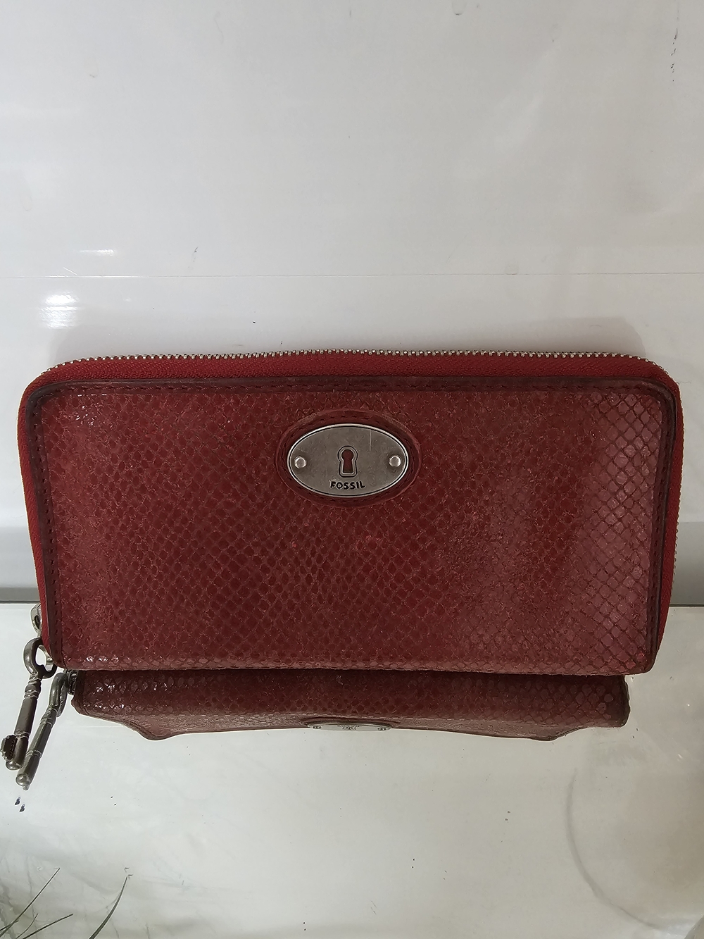 Fossil Snake Skin Embossed Red Zip-Around Wallet W Key